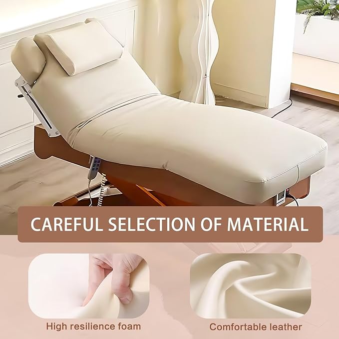 Electric Treatment Massage Table with Wooden Cross Base Design,Beauty Spa Bed Includes One-Button Lifting Function,Heating Design for Beauty Salon,Massage Shop(Wood Color)