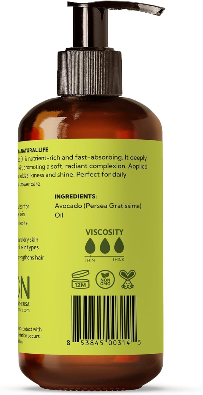 Best of Nature 100% Pure Avocado Oil – Natural Massage Oil, Moisturizing Body & Hair Oil, Unscented Skincare & Carrier for Essential Oils, Bulk Size Available (8 Fl Oz)