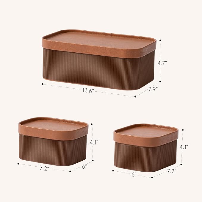 La Jolie Maison Decorative Storage Boxes with Lids Faux Leather, 3 Pack | Chestnut Vegan Leather Lids, Fluted Cardboard Storage Basket, Organizer for Shelves, Bedroom & Closet Storage Memory Box
