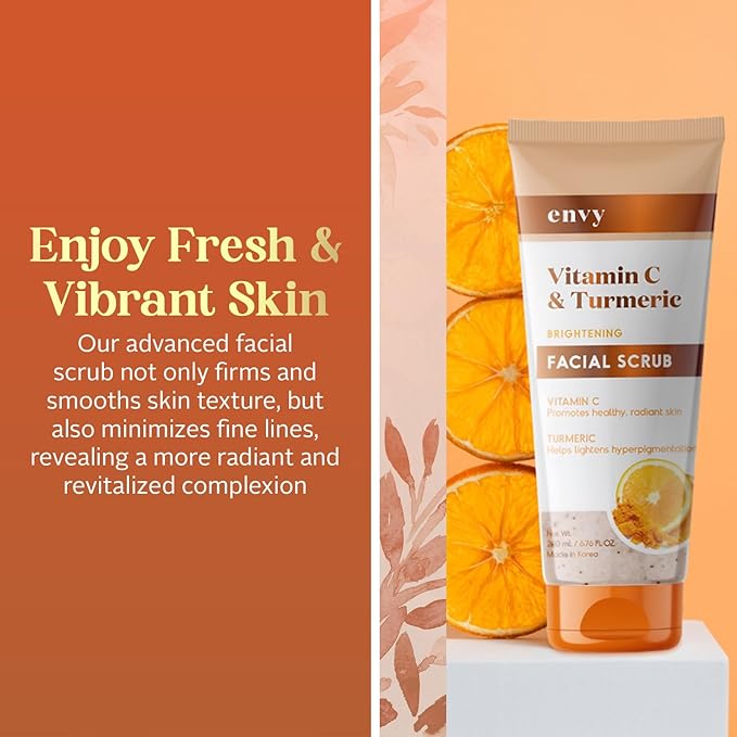 Envy Vitamin C and Turmeric Face Scrub - Clears Blackheads, Improves Dark Spots & Acne - Clean, Cruelty-Free Korean Skin Care for All Skin Types - Dermatologist Tested - 6.76 oz