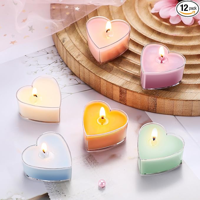 Honoson 12 Pack Valentine's Day Heart Tea Lights Candles Heart Tea Light Natural Wax Scented 6 Scents Conversation Candles for Spring Easter Wedding Engagement Gifting Aromatherapy Anniversary Decor