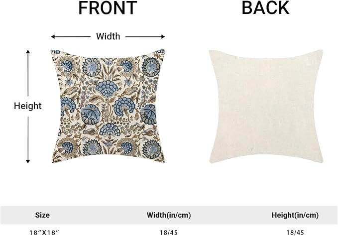 Block Print Pillow Covers 18x18 Inch Pack Of 2 Boho Blue Brown Floral Decor Throw Pillow Covers Spring Summer Flower Pillowcase Outdoor Farmhouse Decorative Square Cushion Cover for Home Couch