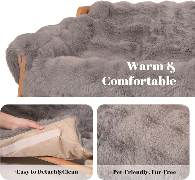 Elevated Cat Couch Bed Wooden Raised Kitty Sofa Lounge Chair | Washable Fluffy Cover Wooden Elevated Pet Furniture for Indoor Cats and Puppy(Dark Grey)