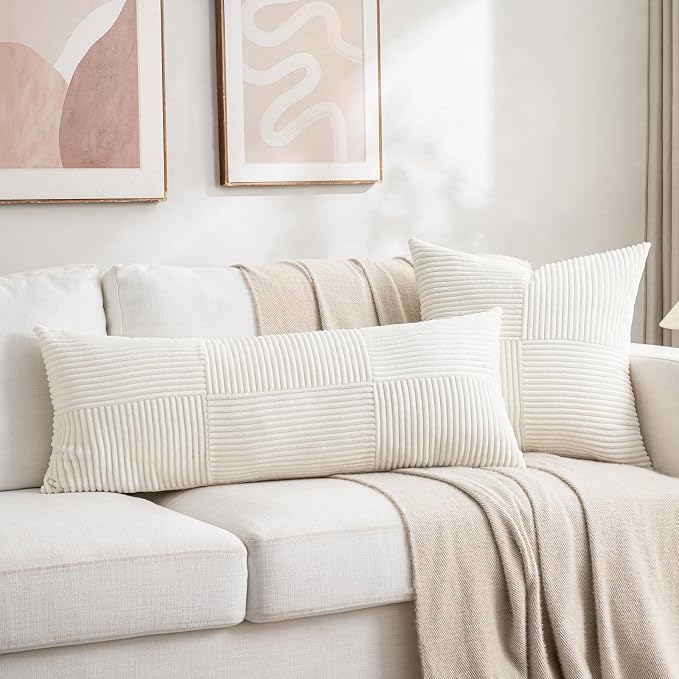 Fancy Homi Set of 1 Cream White Boho Long Lumbar Body Decorative Throw Pillow Cover 14x36 Inch for Bed Couch Bedroom Bench, Soft Patchwork Corduroy Textured Pillow Case, Rustic Farmhouse Room Decor