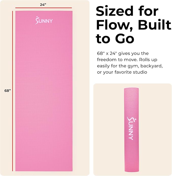 Sunny Health & Fitness Non-Slip Yoga Mat – Durable, Anti-Tear, Lightweight, Cushioned Support for Yoga, Pilates, Stretching Exercises, Meditation and Floor Workouts | Multiple Sizes & Colors