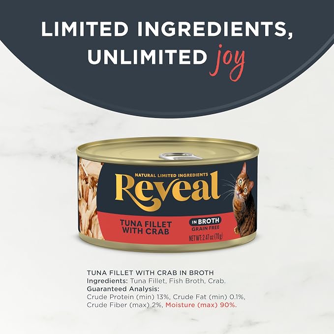 Reveal Tuna Fillet & Crab in Broth Wet Cat Food 24-Pack 2.47 oz Cans | 100% Natural, High Quality Protein, Limited Ingredient, Grain Free, Complementary Food, No Fillers, No Artificial Additives