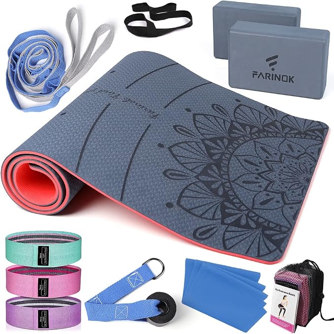 1/3 Yoga Mat Thick, Yoga Set for Beginners Include High Density Mat with Multi-loops Strap, Blocks, Booty Resistance Band Set, Door Anchor, Carring Bag & Strap