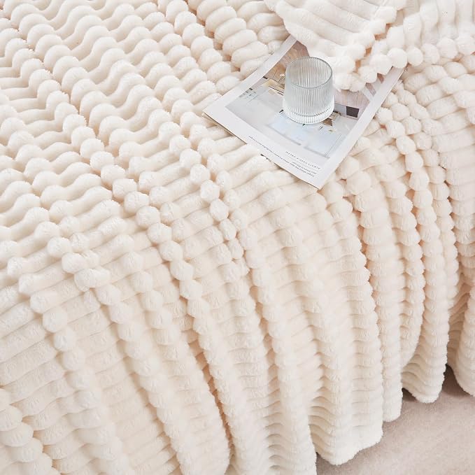 Cream White Throw Blanket for Couch Sofa 50x60 inches Striped Design | Fleece Blankets Room Home Decor Lightweight Plush Soft Cozy Gifts for Women Mom