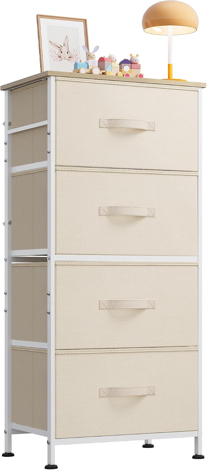 WLIVE Small Dresser Nightstand for Bedroom, 4 Drawers, Cream White | 4 vertical fabric drawers, Space-saving tower, Bedroom or closet use, Chest of drawers, Dresser for small spaces