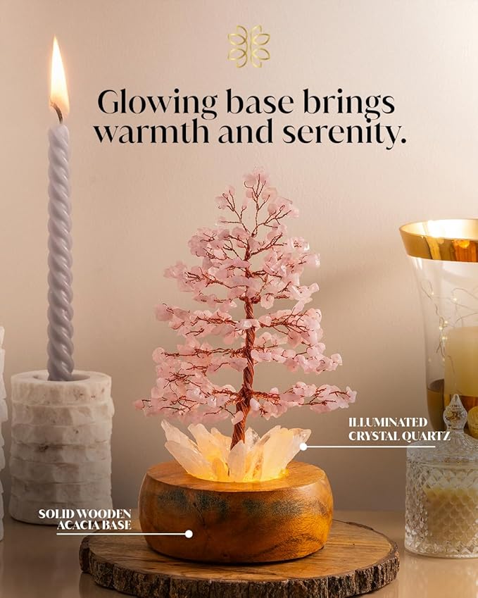 Rose Crystal Tree of Life with LED Light – Handcrafted Gemstone Bonsai on Quartz Base & Acacia Wood Stand – Spiritual Home & Office Décor, Feng Shui, Thoughtful Gift for Women