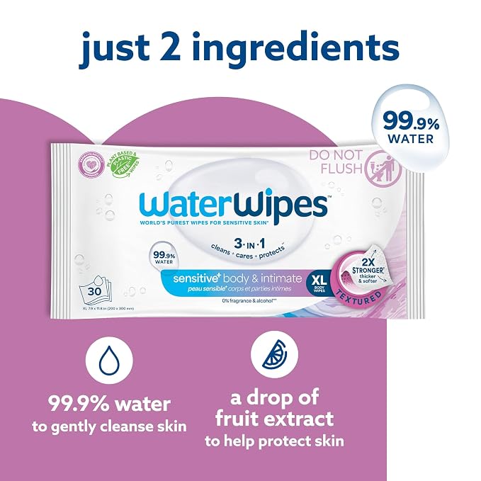 WaterWipes Sensitive Whole Body Cleansing Wipes, 99.9% Purified Water, XL Textured Wipes, Incontinence Care, Fragrance Free, 90 Count