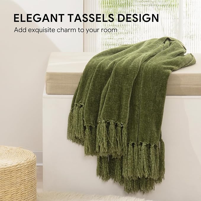 RECYCO Chenille Throw Blanket for Couch, 50"x60", Loden Green | Super Soft Knit Throw Blanket with Fringe Tassels, Lightweight Knitted Throw, Cozy, Ideal for Sofa Chair Bed Living Room Gift