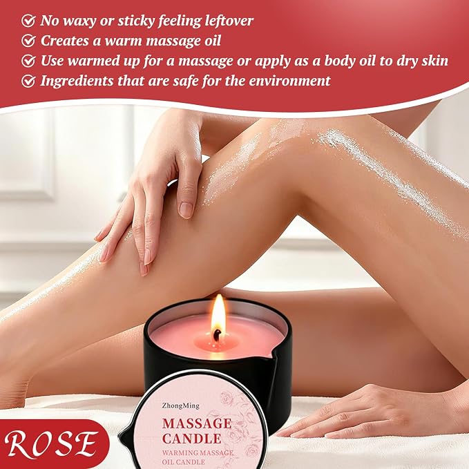 Warming Massage Oil Candle, Scented Body Oil Candle for Spa & Home Use, Romantic Gift, 2.02 oz (Rose)