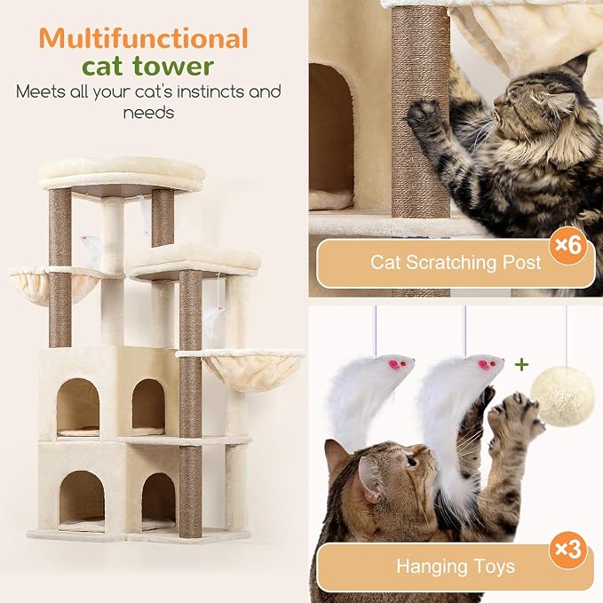 Globlazer Cat Tree Tower for Indoor Cats, Sturdy Adult Cat Tree House for Large Adult Cats with 2 Platform, 6 Cat Scratching Post, 2 Cat Caves, Dangling Toys, S63, 63 inch, Beige