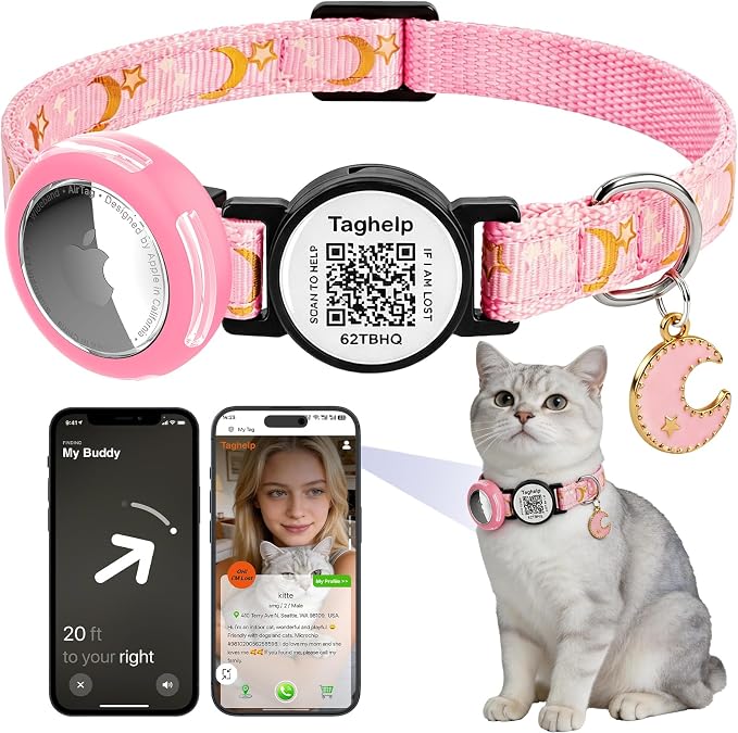 Waterproof Airtag Cat Collar, Breakaway with Stars and Moon with AirTag Holder for Apple. Solid & Safe, Pet Collar, Smart ID tag Cat Collar, Scan QR for Instant Location Alerts.NO APP (Pink B)