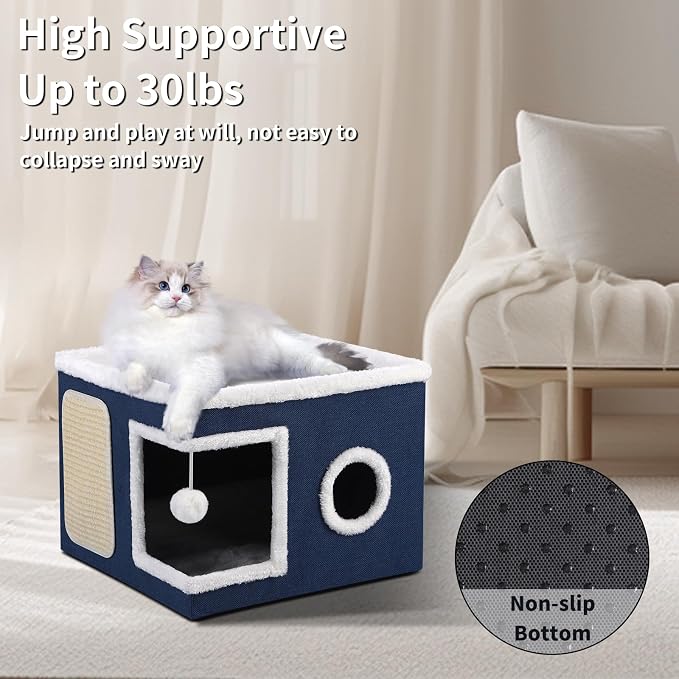 Shikha Cat House Bed for Indoor Cats with Fluffy Ball and Scratch Pad Blue | Foldable Large Cat Cave Hideaway with Cozy Condo, Hide and Seek Window, Holds Up to 30LBS, All Season Reversible Cushion