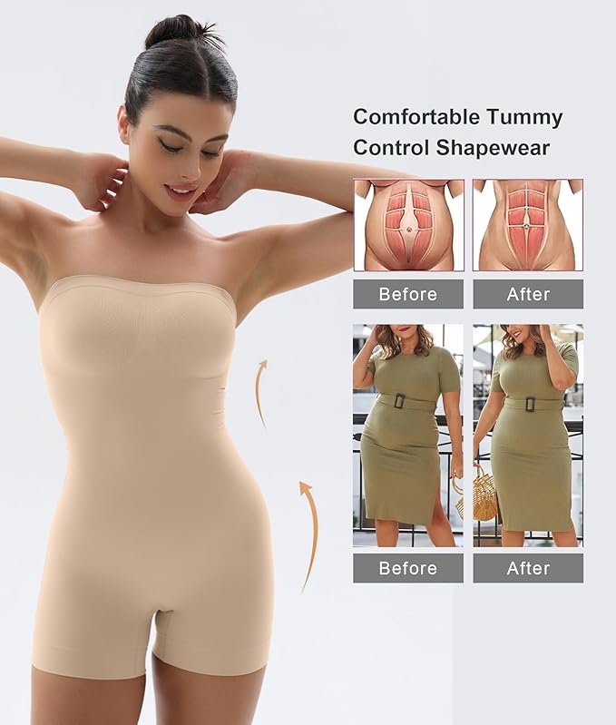 SHAPERX Strapless Shortie Bodysuit for Women Tummy Control Shapewear Seamless Body Shaper with Removable Straps