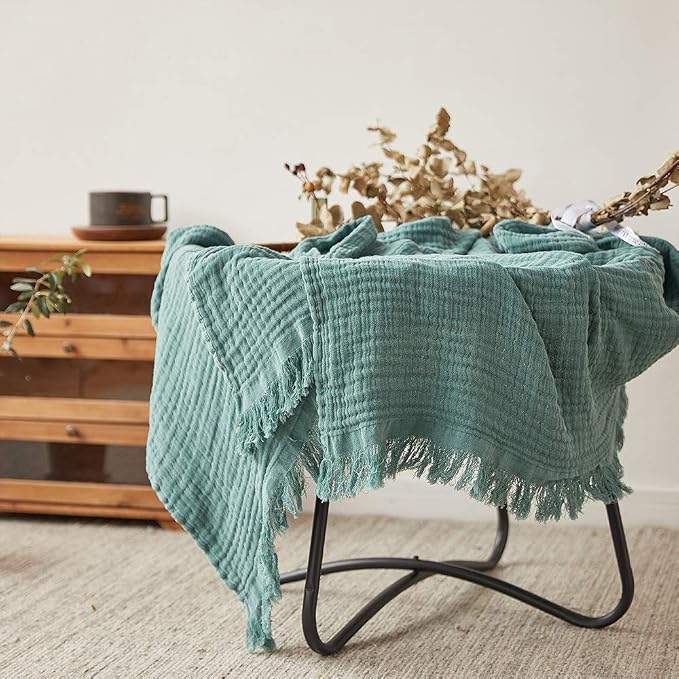 Simple&Opulence Cotton Muslin Throw Blanket for Bed, Couch, Knit Woven Gauze Blanket with Tassels, Soft Lightweight Cozy Pre-Washed Breathable Farmhouse Decoration for All-Season (Dark Green)