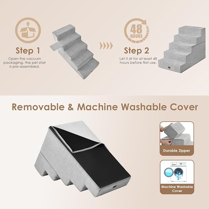 EHEYCIGA Dog Stairs for High Bed 25" H, Extra Wide Dog 5-Step, Light Grey | Pet Steps for Small Dogs and Cats for Bed, Non-Slip Balanced Pet Ramp Indoor