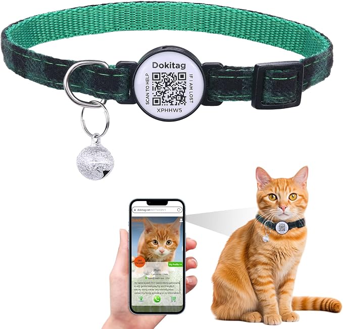 Cat Collar Breakaway with QR Code Name Tag,ID Tag,Personalized Cat Collar with Bells,Pet Online Profile-Scan QR Receive Instant Pet Location Alert Email (Green)