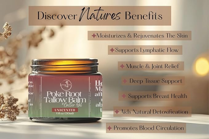 Poke Root Tallow Balm with Castor Oil - Organic Lymphatic Support Salve - Natural Healing Ointment for Cysts - Handmade in The USA