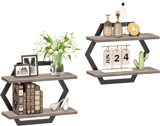 Hexagon Floating Shelves for Wall, Set of 2, 2 -Tier Hanging Shelves, Wall Mounted Storage Shelves, for Living Room, Bedroom, Kitchen, Home Office, Study, Greige TBJ06P2BG