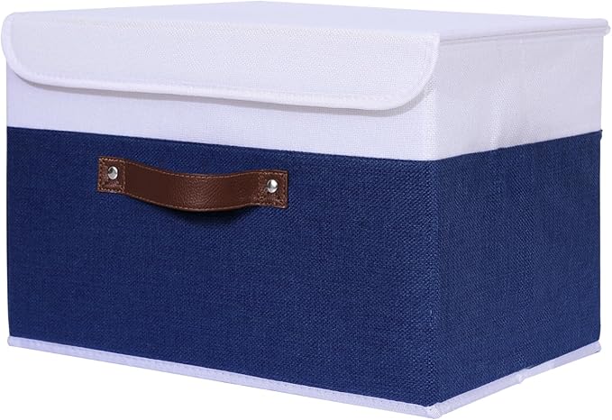 ANMINY Fabric Storage Box Bins with Lids, Blue White, 13"x9"x7.9" | Keepsake Memory Storage, Cotton Linen, PP Board Reinforced, Washable, PU Handles, Foldable & Stackable, Decorative, Medium