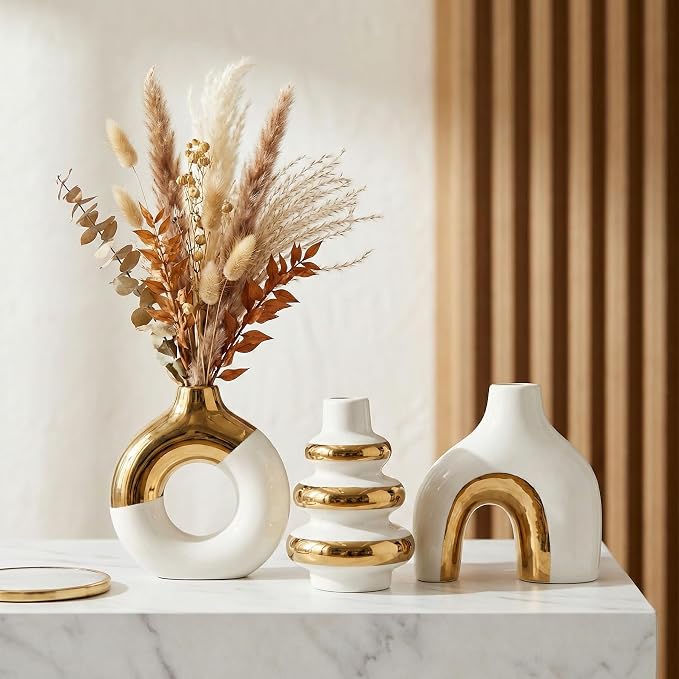 White and Gold Ceramic Vase Set of 3, Flower Vases for Pampas Grass | Modern Boho Vase for Decor, Decorative Vases Centerpieces for Wedding Living Room Bedroom Coffee Table Dinner Table