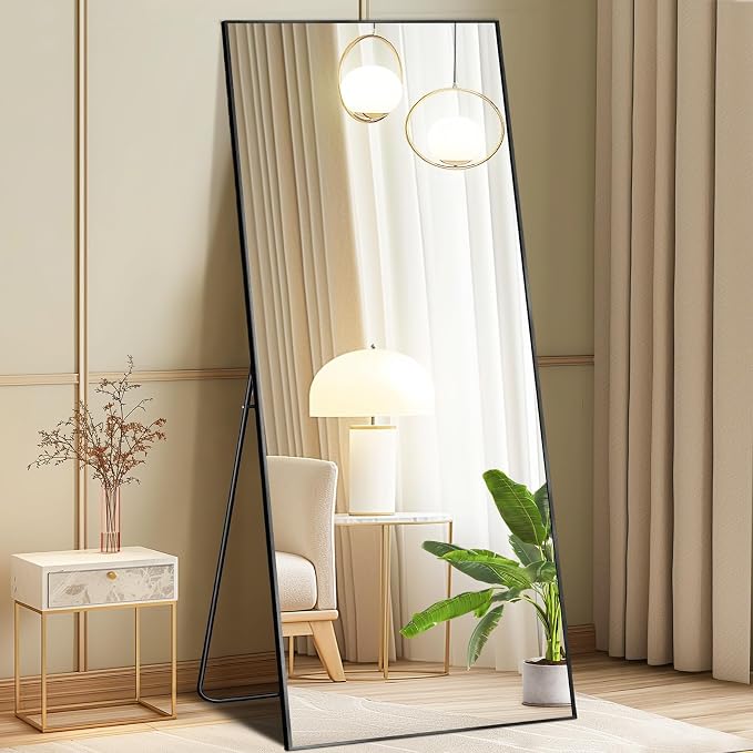 DUMOS 63"x20" Full Length Floor Mirror, Full Body Mirror | Free Standing or Wall Mount, Nano Glass Aluminum Frame, Hanging or Leaning, Modern Simple Home Decor, Black
