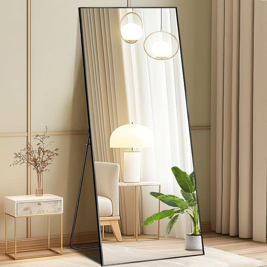 DUMOS 63"x20" Full Length Floor Mirror, Full Body Mirror | Free Standing or Wall Mount, Nano Glass Aluminum Frame, Hanging or Leaning, Modern Simple Home Decor, Black