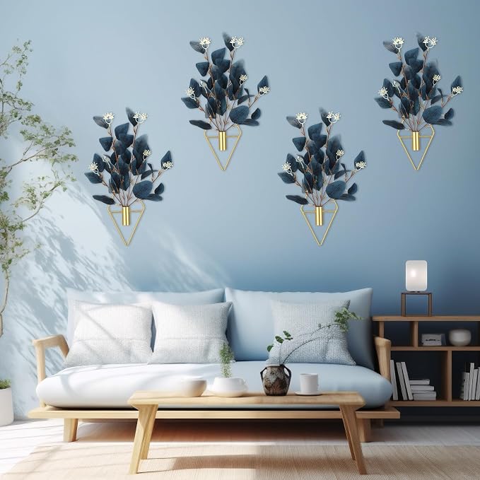Hanaive 4 Sets Boho Wall Decor Metal Wall Art Hanging Planters with Blue Artificial Eucalyptus Display Modern Home Vase for Bedroom Home Office