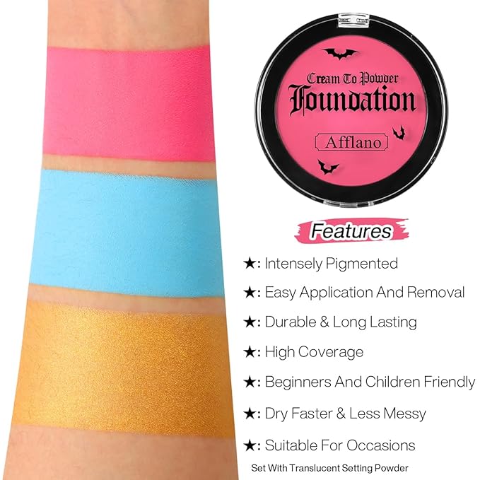 Pink Face Body Paint Cream to Powder Foundation Makeup, Pro Multi-Use Face Painting & Cream Blush for Pink Halloween FX Makeup, Non Toxic Washable Long Last Facepaint for Skull, Goth, Parties, Cosplay