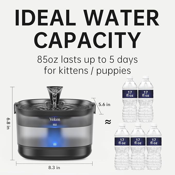 Veken 85oz/2.5L Cat Water Fountain with Detachable Tank, 6Filters & Sponges | Secure Clips, Easy to Clean & Assemble, Quiet Pet Drinking Dispenser with LED Light for Cats, Dogs and Small Pets, Black