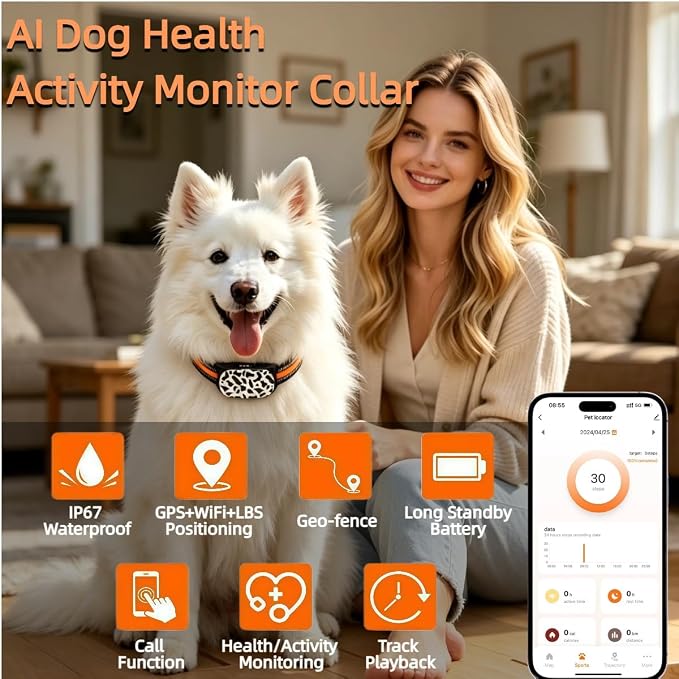 AI Smart Dog Collar with GPS Tracker,Health Activity Monitor & Fitness Tracker,Pet Tracker with Virtual Fence,Dog Pedometer,Sleep Monitoring,Call Function,IP67 Waterproof,Small & Lightweight