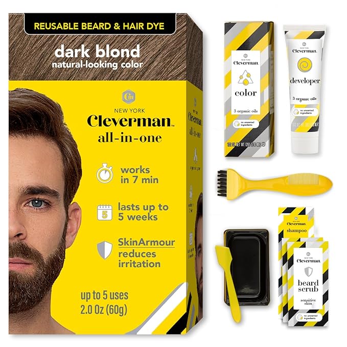 Reusable Hair & Beard Dye for Men – Dark Blond | Up to 5 Uses, 7 Minutes | Natural Gray Coverage, No-Drip Cream with SkinArmour® – Cleverman