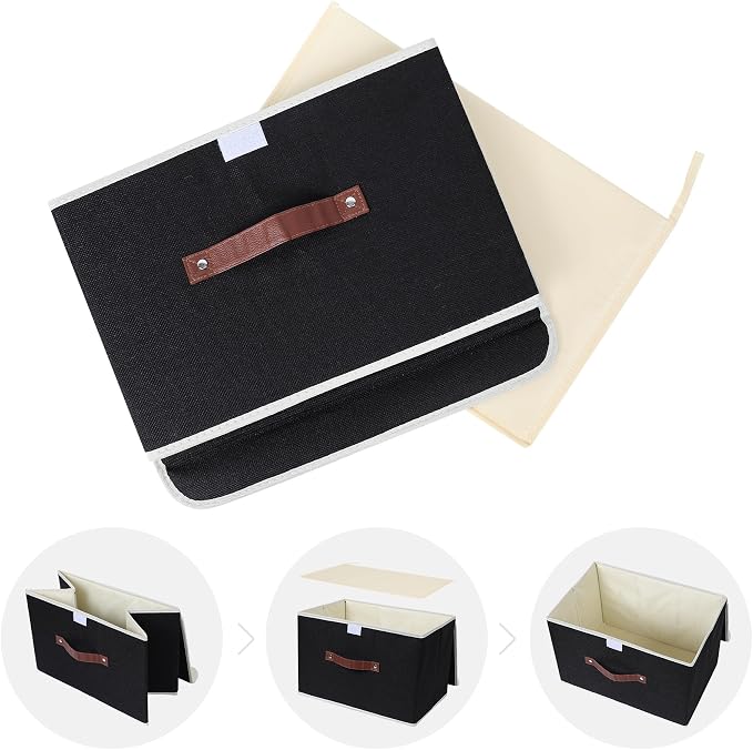ANMINY Fabric Storage Box Bins with Lids, Black, 15"x10"x10", 4 Pack | Keepsake Memory Storage, Cotton Linen, PP Board Reinforced, Washable, PU Handles, Foldable & Stackable, Decorative, Large