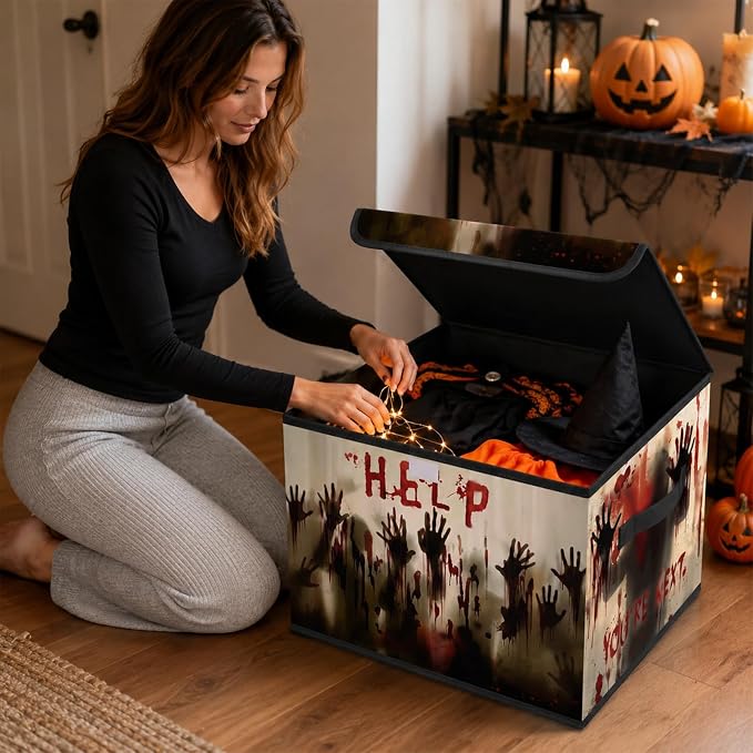 Briwooody Halloween Storage Bin with Lid and Carrying Handle Halloween Help Foldable Storage Box Large Bloody Ghost Shadow Hands Decorative Collapsible Container Basket for Closet Home Bedroom Gift
