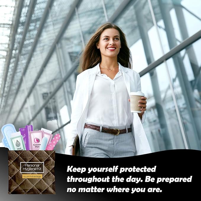 Menstrual Kit All-in-One | Convenience on The Go | Single Period Kit Pack for Travelling, Tweens & Teenagers or Emergency situations | Individually Wrapped Feminine Hygiene Products (Leather Dark)