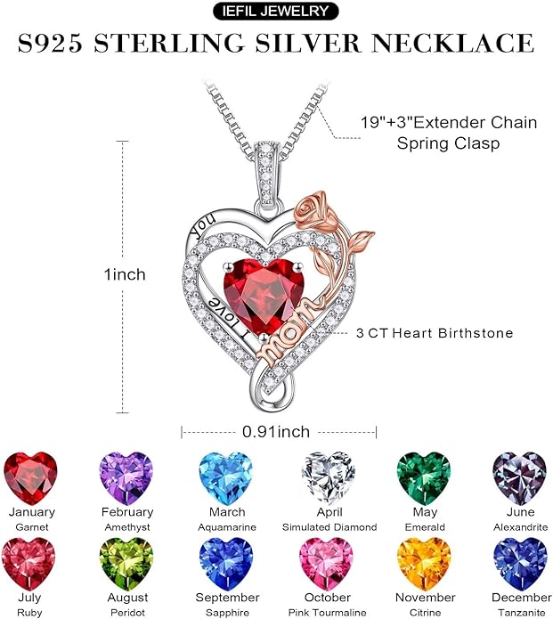 Iefil Valentines Day Gifts for Mom - 925 Sterling Silver Heart Necklace for Women, Birthstone Jewelry, Birthday Gifts for Bonus/Step/New Mom/Mother in Law