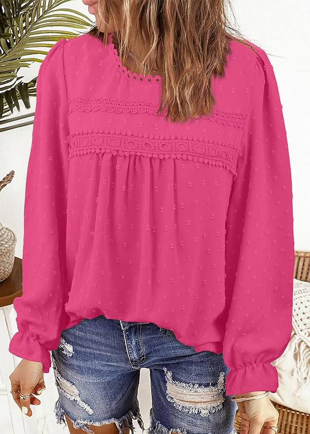 Womens Boho Tops Long Sleeve Shirts For Women Cute Crewneck Blouse Dressy Casual Swiss Dot Crochet Hollow Top 2026