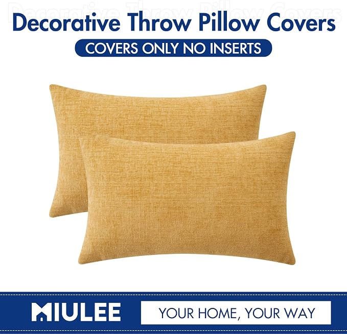 MIULEE Soft Chenille Lumbar Throw Pillow Covers Gold 12x20 Inch Pack of 2 | Modern Home Decor, Classic Decorative Pillows, Solid Dyed Cases, Boho Couch Cushion Covers for Sofa Bed Living Room
