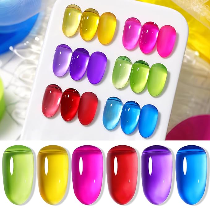 Born Pretty Neon Jelly Nail Polish Set, 6 Colors Spring Summer Ice Jelly Neon Nail Polish Quick Dry Fingernail Polish Kit Crystal Transparent Hot Pink Yellow Green Blue Nail Lacquer Glossy Polish Set