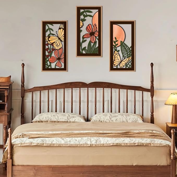 IARTTOP Wood Floral Framed Wall Art 8x16 Inch Set of 3 Abstract Green Leaf Butterfly Wooden Wall Decor Minimalist Nature Landscape Artwork for Living room Bedroom Dining room