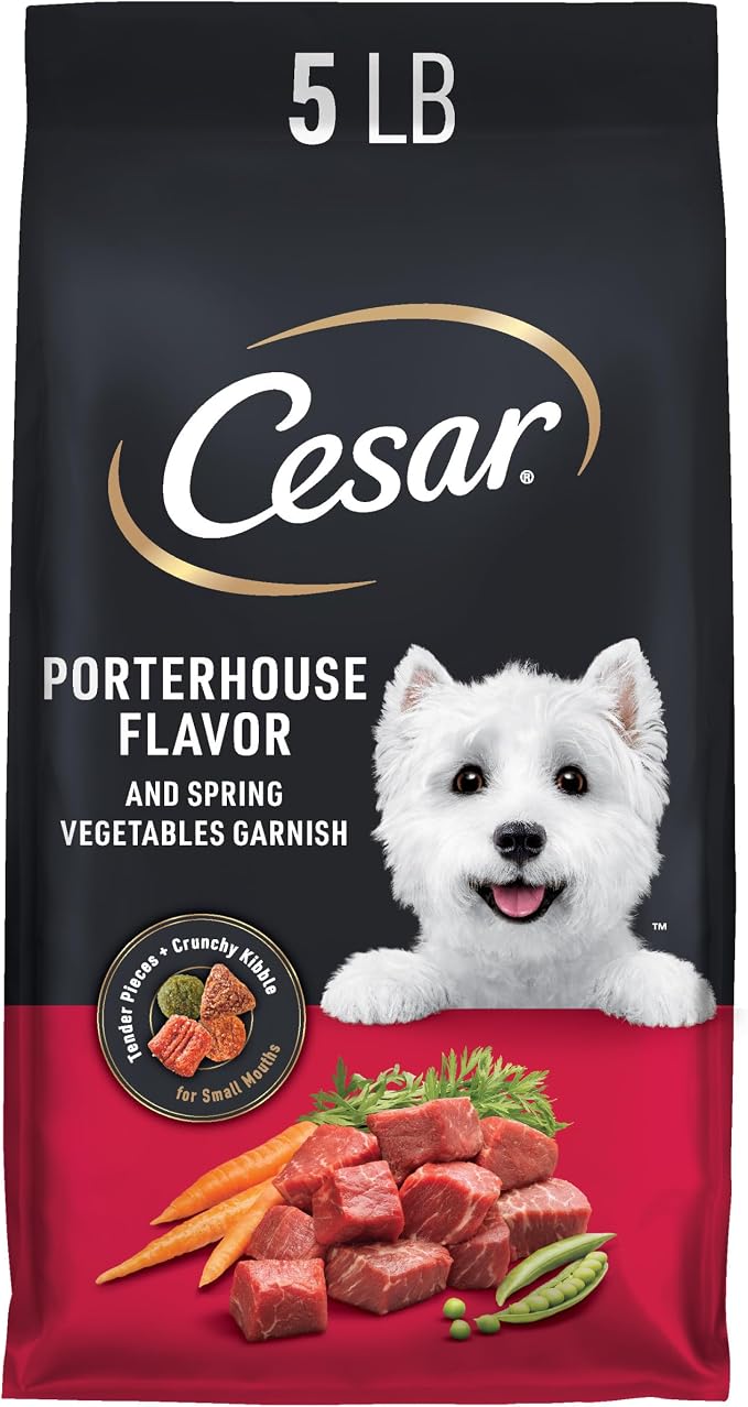 Cesar Small Breed Dry Dog Food, Porterhouse and Spring Vegetables, 5 lb | Made in USA, Real beef #1 ingredient, 26 essential nutrients, supports small breed health, no artificial flavors