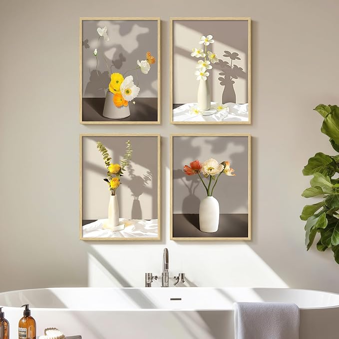 Framed Botanical Floral Wall Art, 4 Piece Yellow Flower Canvas Painting Prints Artwork for Walls, Modern Elegant Pictures for Living Room Bedroom Kitchen Hallway Dining Room Home Decor, 12x16 Inch