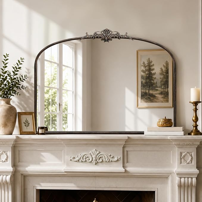 Besdomus Vintage Arched Black Mirror: 40"x29" Large Arch Antique Decorative | French Baroque Metal Framed Mirrors - Traditional Ornate for Entryway/Dresser/Fireplace/Bathroom - Ideal for Home Renovations
