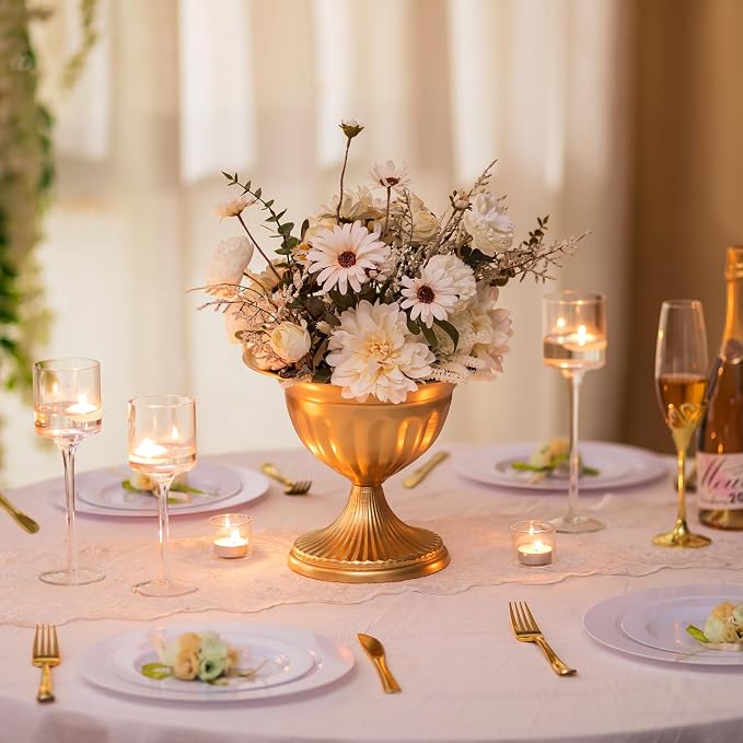 Sziqiqi Gold Metal Urn Compote Vase, Flower Wedding Centerpieces, 2Pcs | 10.6in Tall, Golden Floral Centerpiece Pedestal Bowl Vases, Flower Arrangements for Wedding, Party, Birthday, Event