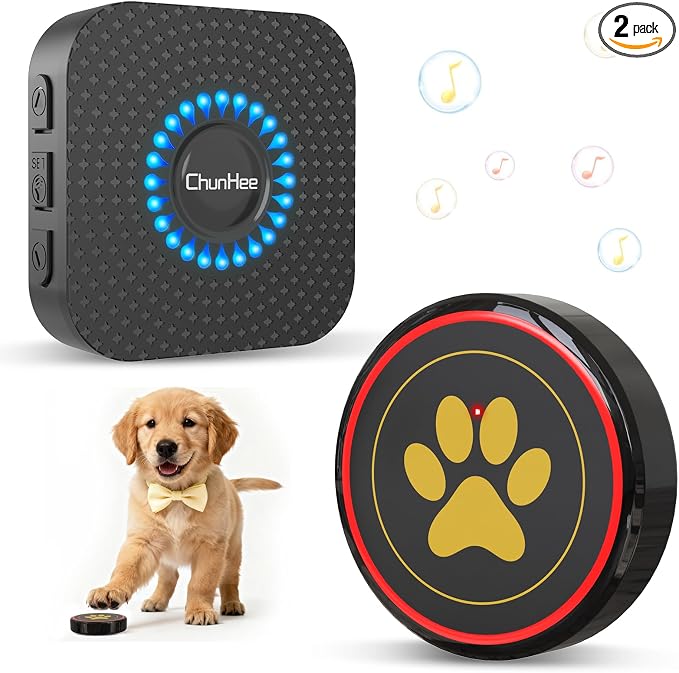 Dog Door Bell for Potty Training, IP55 Waterproof, 55 Ringtones, 0-115dB | Touch-Activated Wireless Dog Bell Helps Puppies Signal Outside, 5 Volume Levels and Waterproof Button for Indoor/Outdoor Use