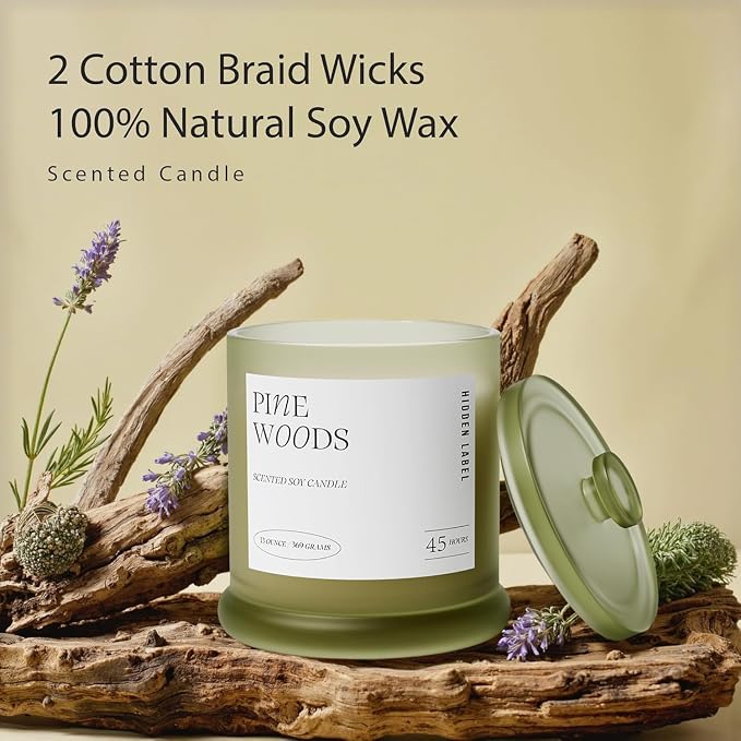 Hidden Label Pine Woods Soy Candle, 13oz 2-Wick, 45H Winter Holiday | Long Burn | Christmas Fir Aromatherapy | Non-Toxic Formula | Twin-Flame, Even Melt | Festive Gift