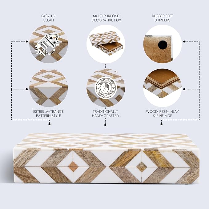Handicrafts Home White Decorative Storage Box with Lid Wood Remote Control Box Coffee Table Storage Box Remote Holder for Living Room Decor – Resin Inlay Marquet Array Collection - 8x5x2
